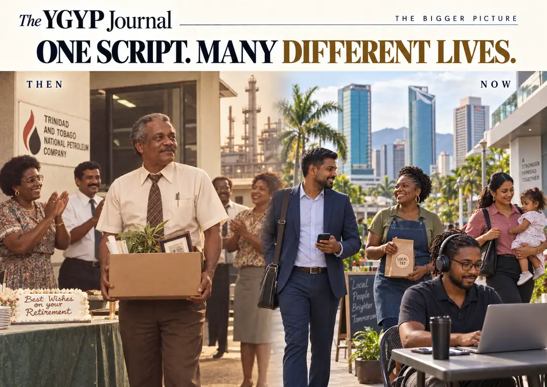 Historical and modern Trinidad workers shown in contrasting career paths.