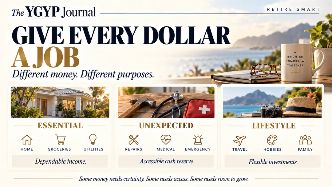 YGYP Journal retirement graphic dividing money into three purposes: dependable income for essential expenses, accessible cash for unexpected costs and flexible investments for lifestyle spending.