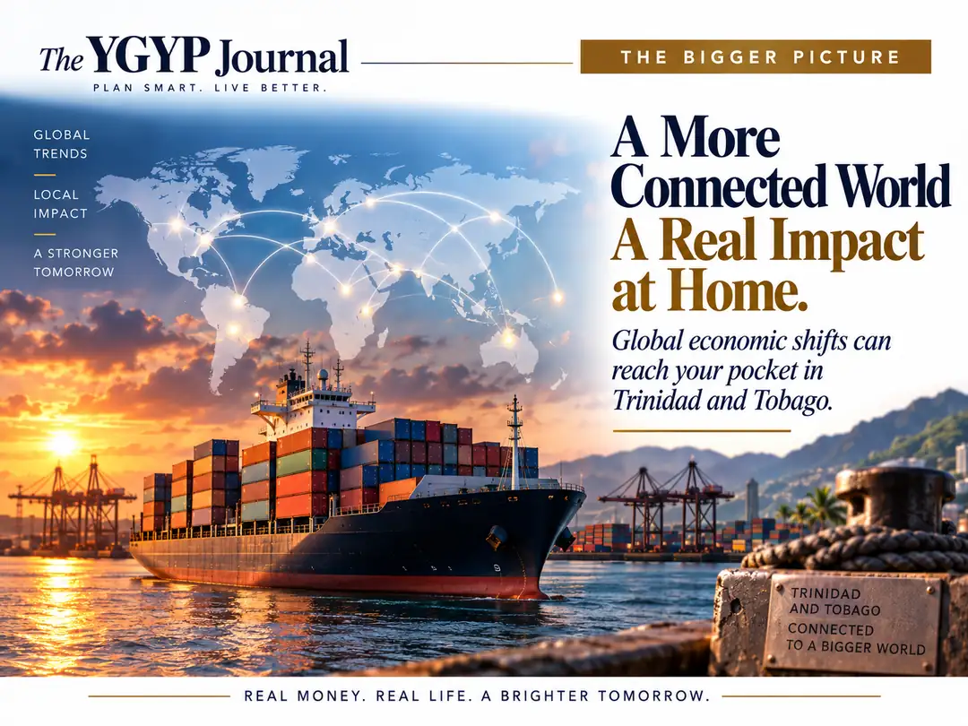The YGYP Journal Bigger Picture graphic showing global trade routes, a cargo ship and Trinidad and Tobago’s connection to the world economy.