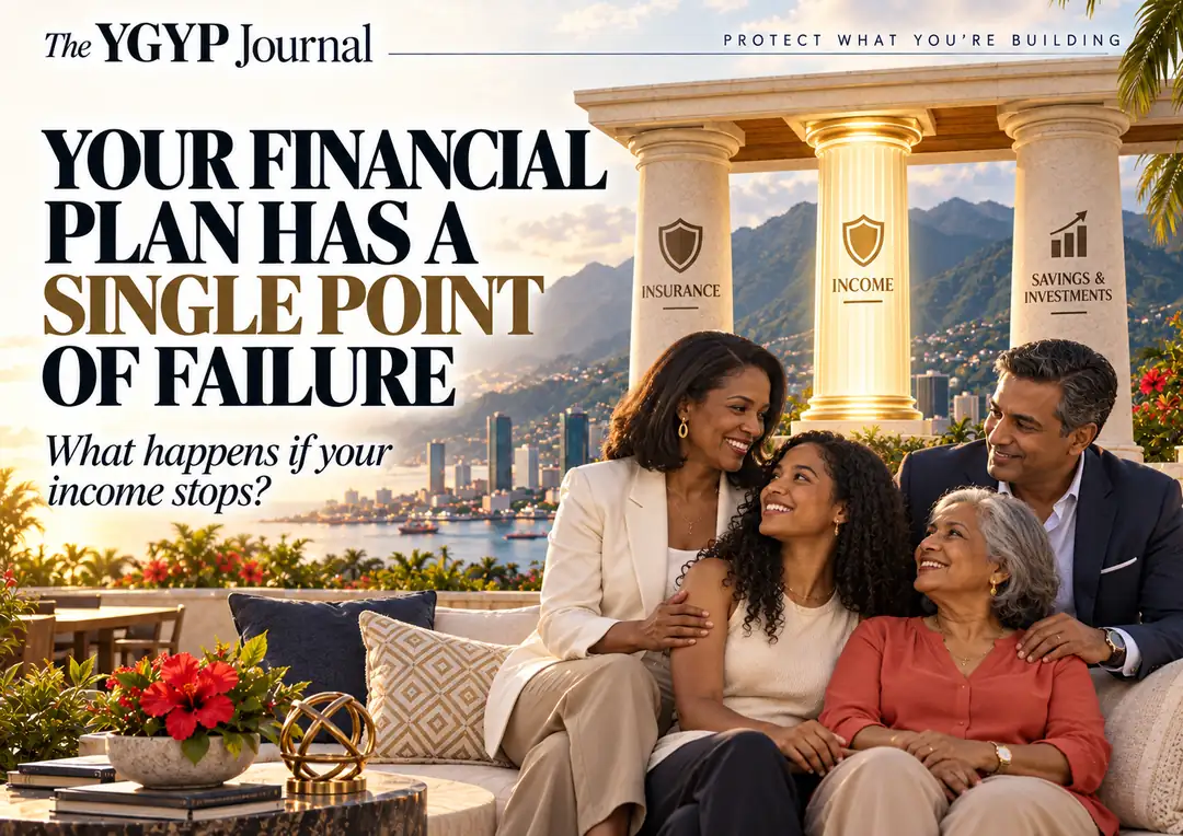 Editorial illustration of a financial structure supported by income, savings and insurance.